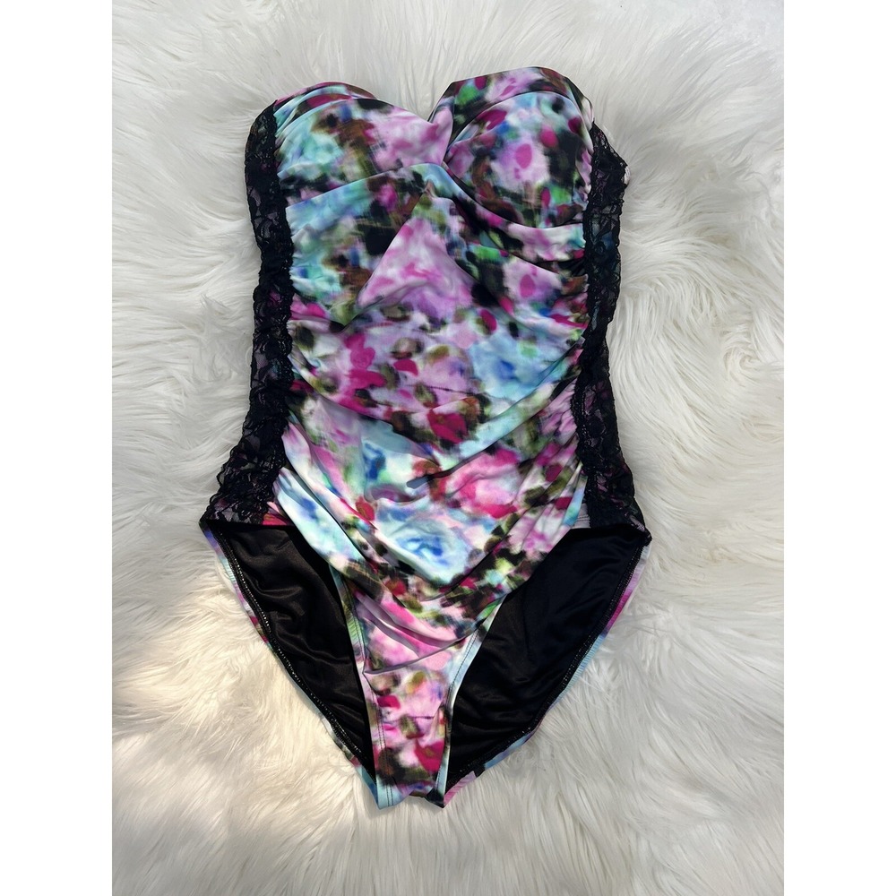 Spanx Fruit Punch Shaping One Piece Swimsuit Watercolor Lace Women's Size 8